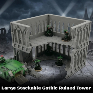 Grey 3D-printed large stackable gothic ruined tower terrain shown with sci-fi miniatures for scale