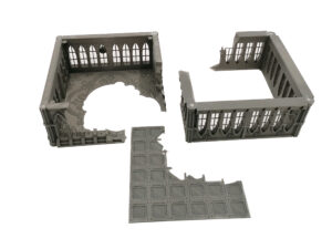 Grey modular 3D-printed gothic ruin terrain pieces, featuring two wall sections with arched windows and a tiled floor