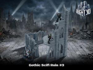 Gothic Sci-Fi Ruin #3: 3D-printed grey gothic cathedral terrain piece with miniature figures for tabletop gaming