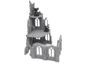 Grey 3D-printed gothic ruin tabletop terrain piece with multiple levels, shown with miniatures for scale