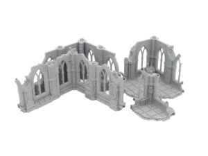 Grey unpainted 3D-printed gothic ruin miniature terrain sections for tabletop wargaming