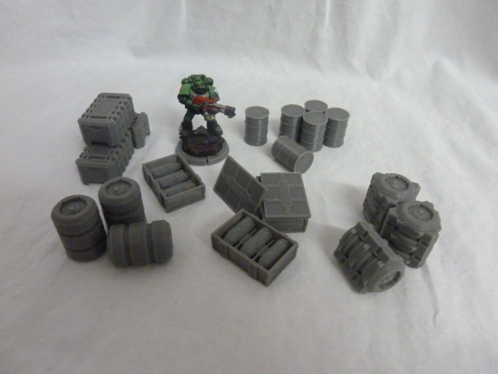 Scifi Scatter terrain barrels and ammo boxes for 28mm wargaming