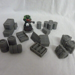 Scifi Scatter terrain barrels and ammo boxes for 28mm wargaming