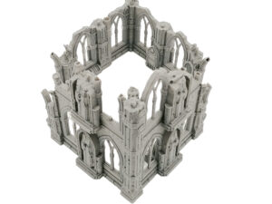 Grey 3D-printed miniature gothic ruin terrain for tabletop gaming, featuring arched windows and crumbling walls