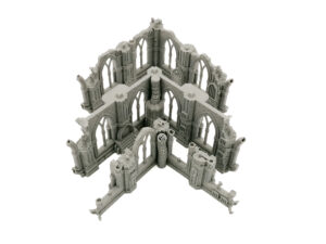 Grey 3D-printed miniature gothic ruin terrain featuring arched windows and crumbling details for tabletop gaming
