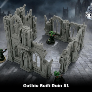 Gothic Sci-fi Ruin #1 tabletop terrain, showing 3D-printed grey ruined cathedral walls with miniatures for scale