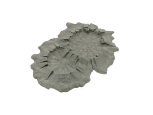 Unpainted grey 3D-printed tabletop terrain piece showing two overlapping craters with fortified ridges