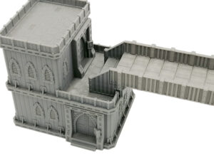 Grey 3D-printed sci-fi gothic building with an attached walkway, designed for tabletop wargaming terrain