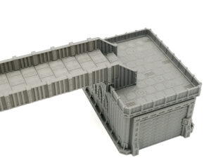 Grey 3D-printed modular sci-fi building and raised walkway terrain for tabletop wargaming