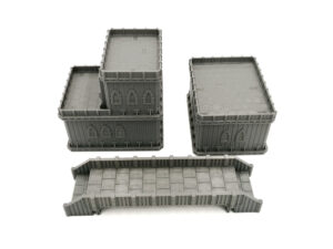 Grey 3D-printed sci-fi gothic miniature buildings and a bridge terrain piece for tabletop wargaming