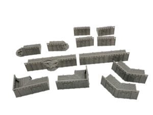 Grey 3D-printed modular sci-fi fortification wall pieces for tabletop wargaming, shown on a white background