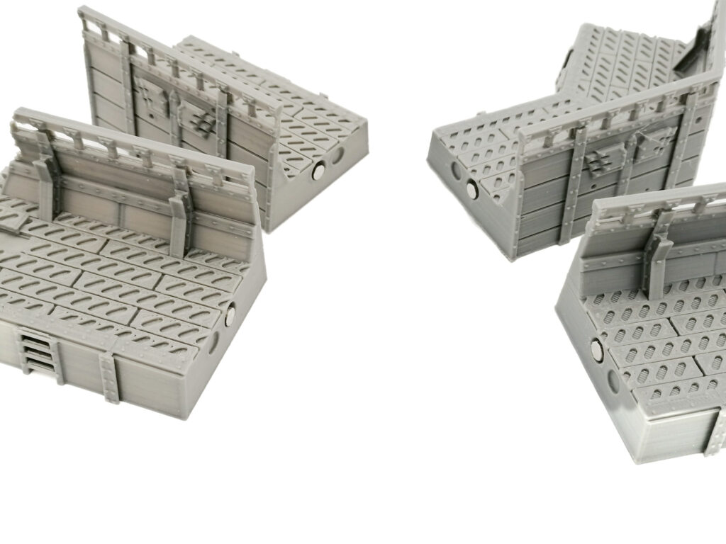 Four grey 3D-printed sci-fi modular wall sections with magnetic connectors on a white background