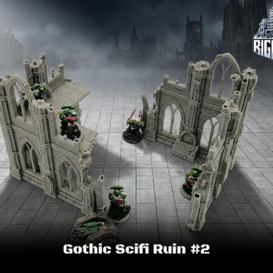 Grey 3D-printed Gothic Sci-Fi Ruin tabletop terrain set shown with miniature soldiers for scale