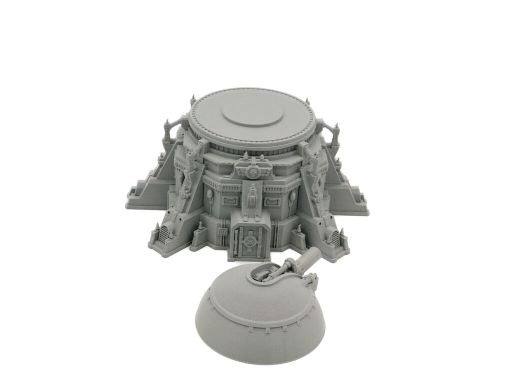 Unpainted grey 3D printed sci-fi bunker and detached dome turret miniature terrain for tabletop gaming