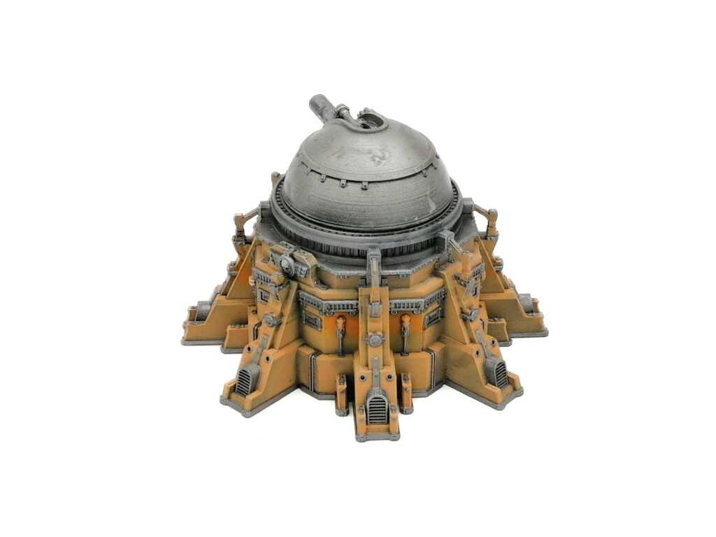 Painted sci-fi miniature building featuring a metallic dome top and orange industrial base on a white background