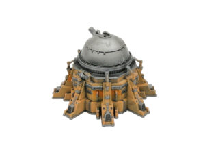 Painted sci-fi miniature building featuring a metallic dome top and orange industrial base on a white background