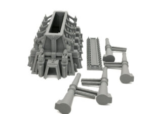 Grey 3D-printed sci-fi gothic bunker and modular pipe components for miniature tabletop gaming terrain