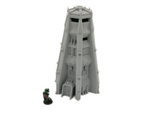 Grey 3D-printed sci-fi watchtower terrain model next to a miniature figure for scale