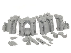 Unpainted grey 3D-printed gothic ruin terrain set and accessories for tabletop gaming