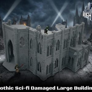 3D-printed grey gothic sci-fi damaged large building terrain piece with miniature figures for scale