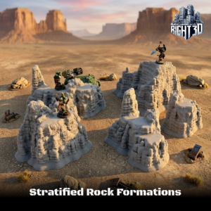 3D printed stratified rock formation terrain pieces for tabletop gaming, set in a desert landscape with miniatures