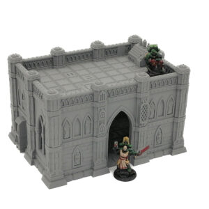 Grey 3D-printed gothic building terrain for tabletop gaming, shown with painted miniature figures for scale