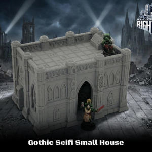 Grey 3D-printed Gothic Sci-Fi small house miniature terrain, styled with gaming miniatures for scale