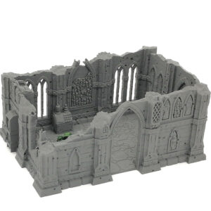 Grey 3D-printed miniature gothic ruin of a cathedral with crumbling stone walls and arched windows