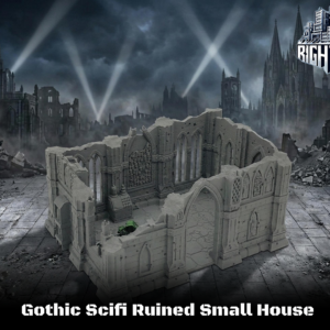 Grey 3D-printed miniature terrain of a ruined gothic-style small house with arched windows