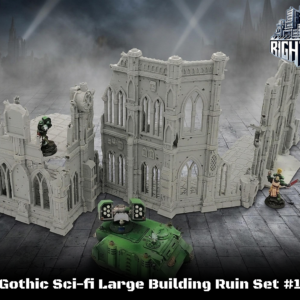 3D-printed Gothic Sci-Fi Large Building Ruin Set #1, featuring detailed grey ruined wall sections for tabletop gaming