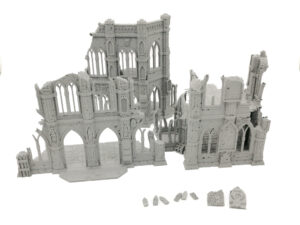 Ruined gothic building miniature terrain set, 3D-printed in grey plastic for tabletop gaming