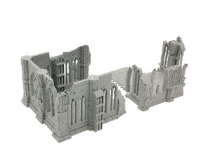 Grey 3D-printed gothic ruins miniature terrain with arched windows, designed for tabletop wargames