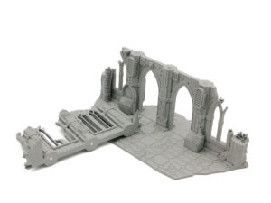 Modular grey 3D-printed gothic ruin terrain with magnetic joints for tabletop gaming, on a white background