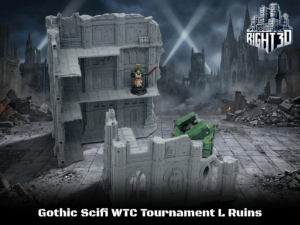 Gothic Sci-Fi WTC Tournament L Ruins 3D-printed tabletop gaming terrain, featuring two ruined building structures