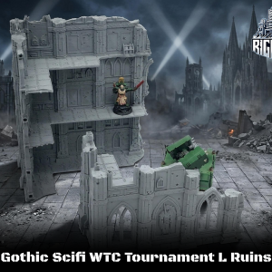 Gothic Sci-Fi WTC Tournament L Ruins 3D-printed tabletop gaming terrain, featuring two ruined building structures