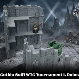 Gothic Sci-Fi WTC Tournament L Ruins 3D-printed tabletop gaming terrain, featuring two ruined building structures