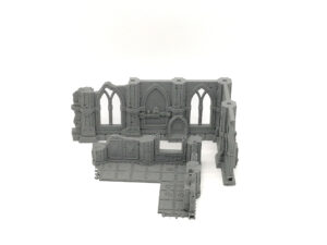 Grey 3D-printed gothic ruin miniature terrain piece with arched windows and a tiled floor for tabletop gaming