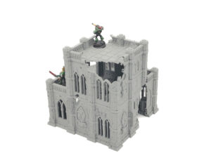 Grey 3D-printed gothic ruin terrain piece for tabletop wargaming, featuring two levels and arched windows