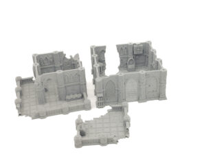 Grey 3D-printed modular gothic ruins terrain for tabletop gaming, on a plain white background