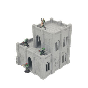 Grey 3D-printed gothic building terrain for tabletop gaming, featuring painted sci-fi miniatures on the balconies