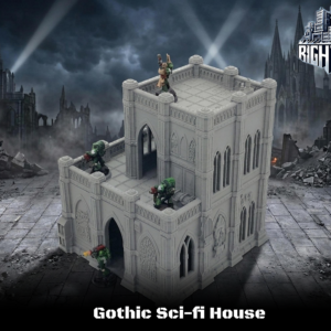 Grey 3D printed Gothic Sci-fi House tabletop terrain miniature with a two-story design and arched windows