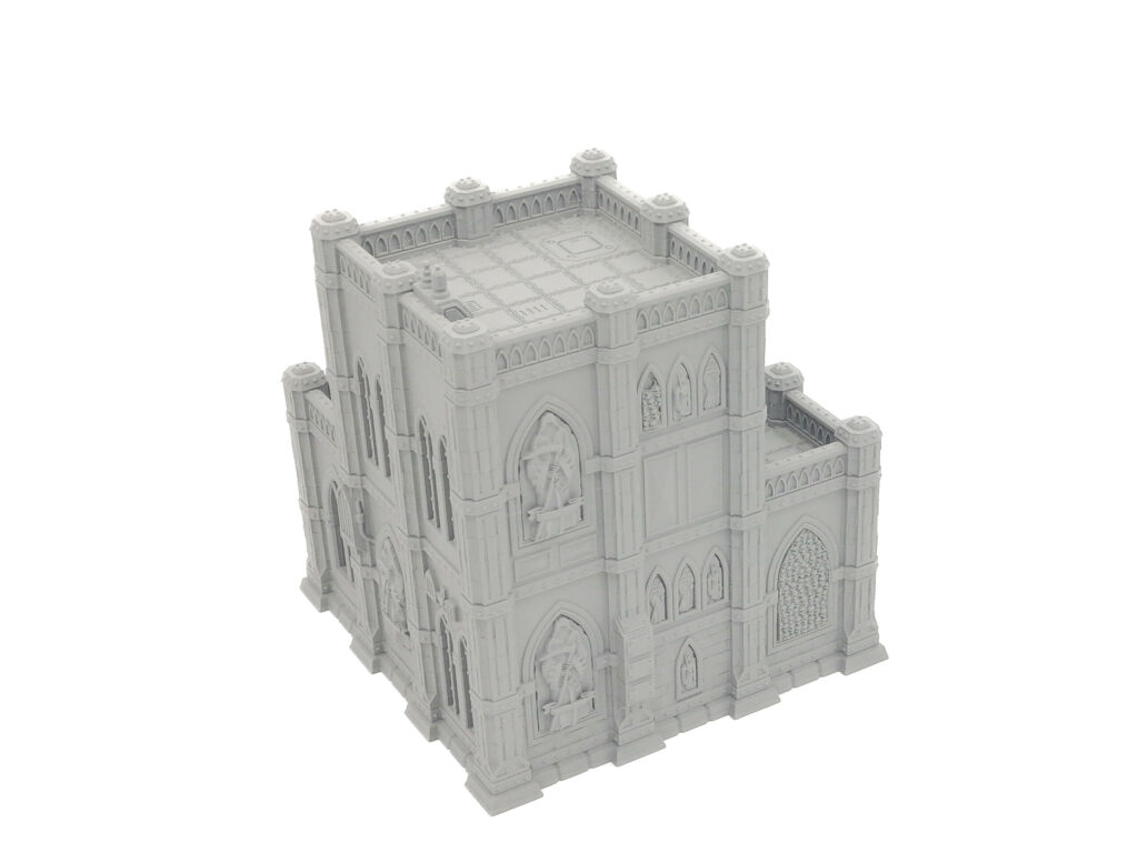 Grey 3D-printed gothic building miniature terrain for tabletop wargaming, shown on a plain white background