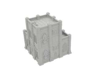 Grey 3D-printed gothic building miniature terrain for tabletop wargaming, shown on a plain white background