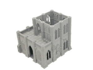 Grey 3D-printed gothic miniature building terrain for tabletop gaming, with detailed arched windows