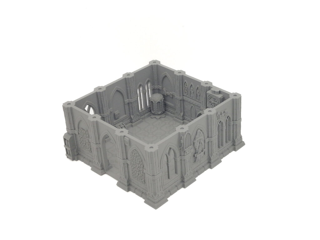 Grey 3D-printed square gothic ruin miniature terrain with detailed arched walls and pillars for tabletop gaming