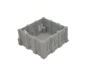 Grey 3D-printed square gothic ruin miniature terrain with detailed arched walls and pillars for tabletop gaming