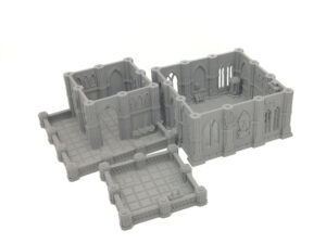 Grey 3D-printed modular gothic terrain sections with arches and stone walls for tabletop gaming, on a white background