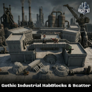 3D-printed gothic industrial hab-blocks and scatter terrain set up for tabletop gaming with sci-fi miniatures