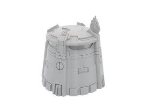 Grey 3D-printed sci-fi tower terrain miniature, isolated on a white background