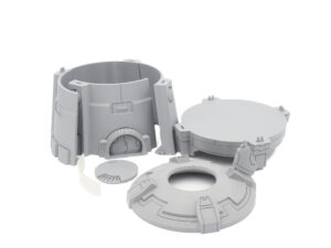 Grey 3D-printed plastic components for an unassembled sci-fi tabletop terrain building